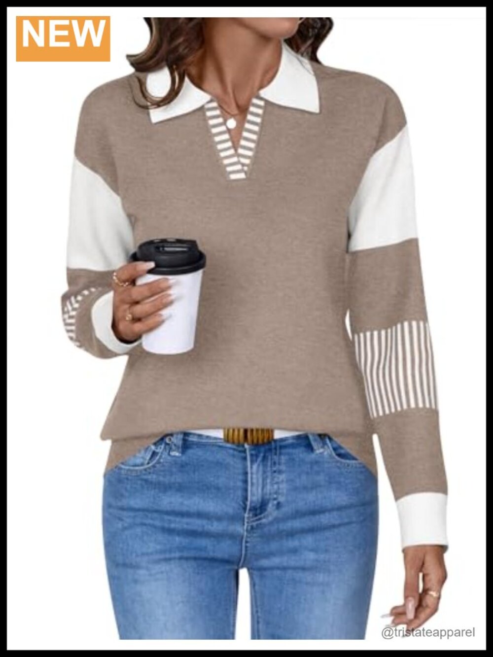 Women's V-Neck Color Block Stripe Knit Pullover Sweater